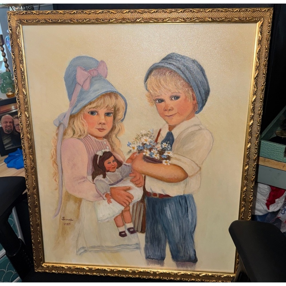 Vintage Sarah 1989 Signed Oil Painting Boy Girl Children Gold Ornate Frame Large